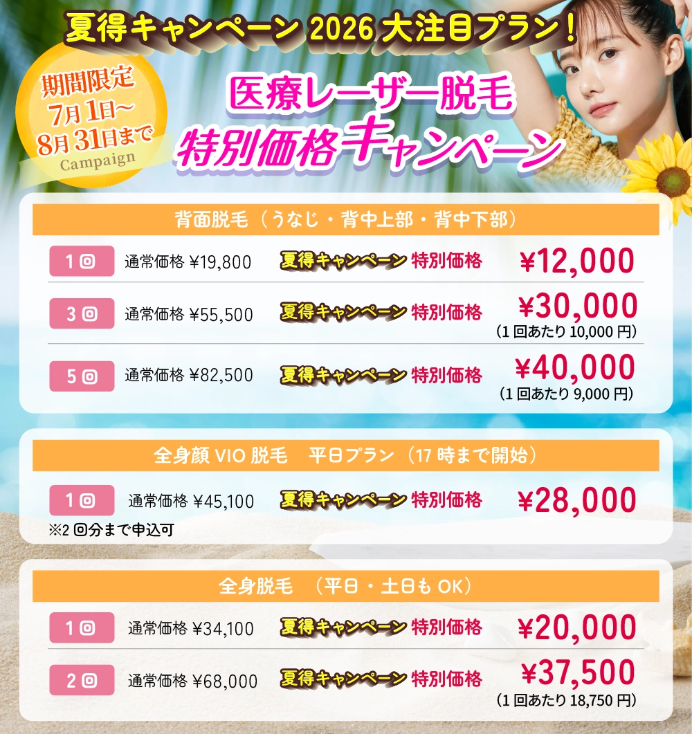 夏得キャンペーン 2026大注目プラン 医療レーザー脱毛
